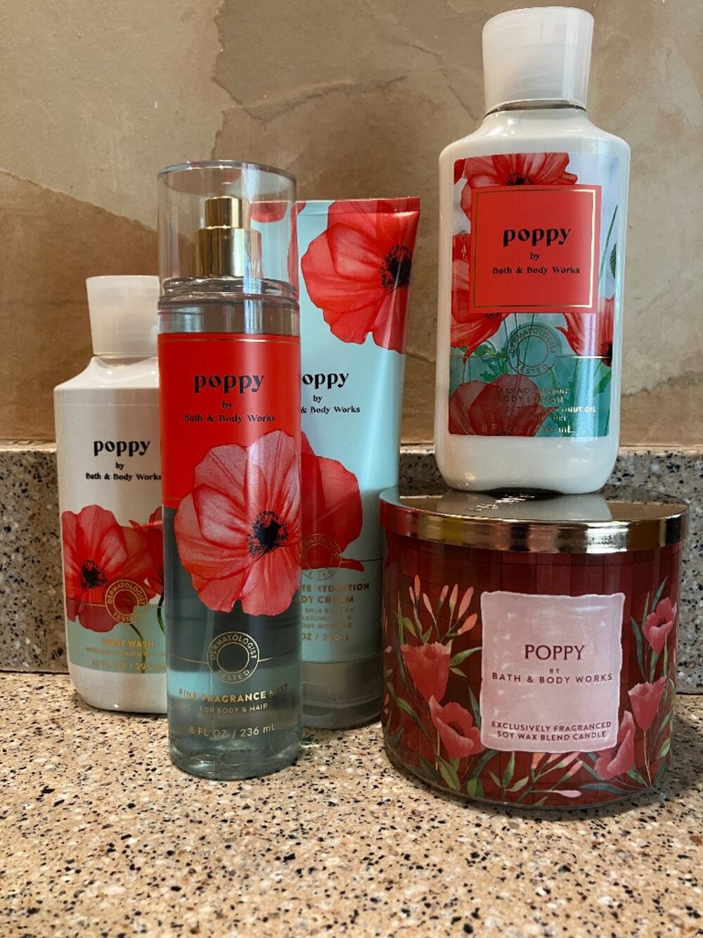 Bath & Body Works Set of Poppy Spray , Lotion, Body Wash, Body Cream,  Candle!